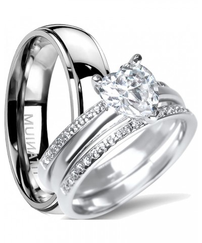 His Hers TRIO 3 PCS Sterling Silver Titanium Wedding Ring Set Heart CZ Simulated Diamond for Him Her Her 8 - His 13 $42.75 Sets