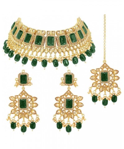 Traditional Faux Kudan Choker Necklace Earrings Maang Tikka Set Bollywood Wedding Indian Bridal Fashion Jewelry for Women Gre...