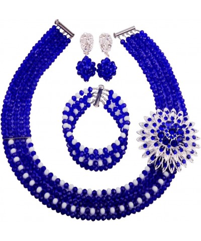 5 Rows Nigerian Beaded Jewelry Set Women African Wedding Beads Crystal Necklace and Earrings Royal Blue and White $18.19 Jewe...