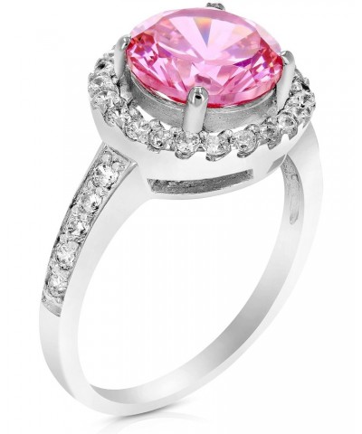 Pink Cubic Zirconia Halo Ring for Women in .925 Sterling Silver with Rhodium Round Shape in Prong Set $25.19 Rings