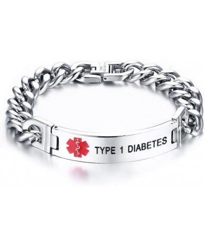 Free Engraving-Medical Alert ID Bracelet for Men Women Medical Tag Stainless Steel Link Chain Wrist Silver-8.3" type 1 diabet...