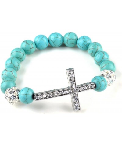 Unisex Created Turquoise Bead Bracelet, Holy Cross Pendant, Adjustable Bracelet, Healing Crystal Jewelry, Prayer, Meditation,...