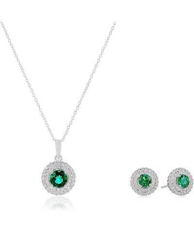 .925 Sterling Silver & Round Gemstone 18" Pendant Necklace and Stud Earrings Set with Created White Sapphire Double Halo Styl...