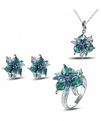925 Sterling Silver Plated Green Leaves Flower Bridal Jewelry Colorful Enamel Jewelry Set CZ Simulated Diamond Sapphire Party...