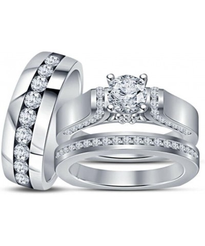 Intershine Round Cut White Diamond 925 Sterling Silver 14K White Gold Fn Diamond Engagement Wedding Band Trio Ring Set for Hi...
