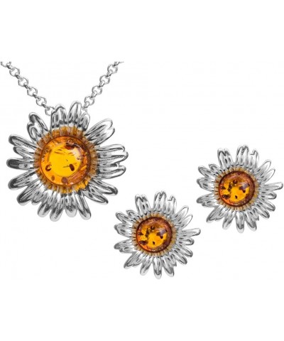 Amber Sterling Silver Daisy Earrings Slider Pendant Necklace Set Chain 18 Inches $27.50 Jewelry Sets