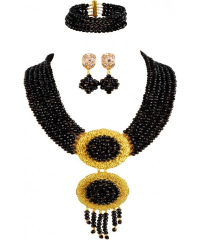 acuzv 6 Rows African Necklaces for Women Nigerian Beads Jewelry Set Wedding Bridal Party Jewelry Sets Black $14.00 Jewelry Sets